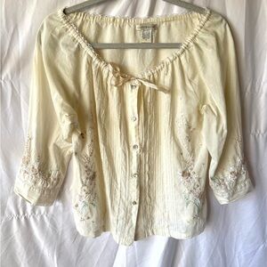 Vintage Embroidered 100% Cotton Floral Button Down Blouse Cottagecore Hippie